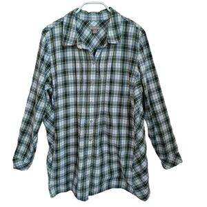 J Jill Plaid Blouse Pleat Detail Tunic Long Sleeve Blue Green Womens size Med